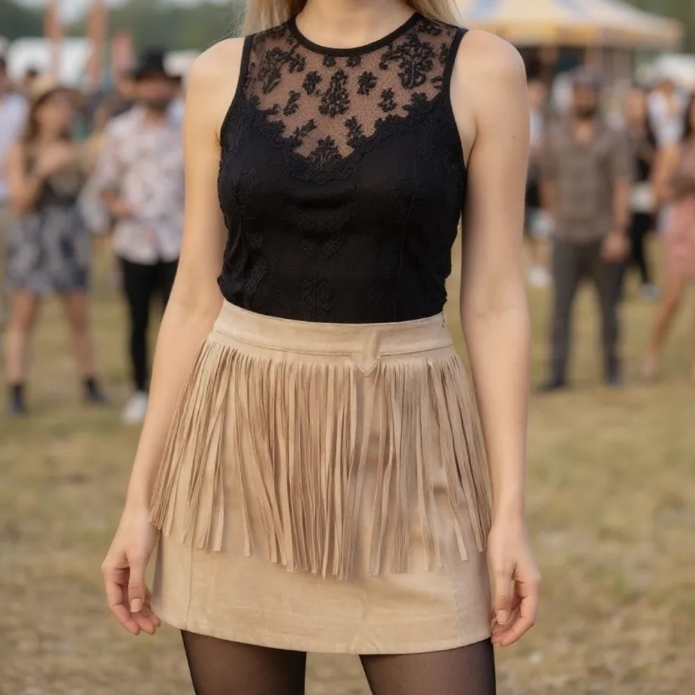 Fringe suede Cream Skirt - Picture 2 of 2